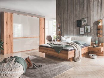 LIVORNO 02759 19 Astkernbuche Abs.chrom Gl.Champ.DTS300cm Bett 180x200cm Naka schw. Hangepaneele m.B