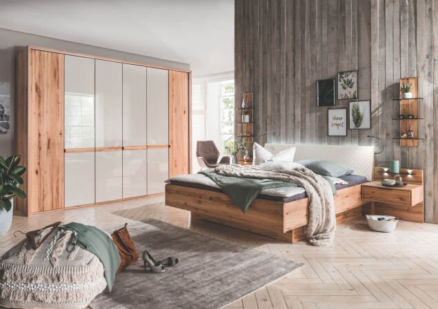 LIVORNO 02759 19 Astkernbuche Abs.Schiefer Gl.Champ.DTS300cm Bett 180x200cm RautenpolsterNaka schw. 