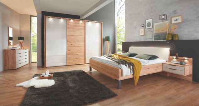 LIVORNO 7825 19 Astkernbuche Gl.Champ.SWT300cm m.PPT+Bel Bett 180x200cm Rautensteppung Naka schw. 2S